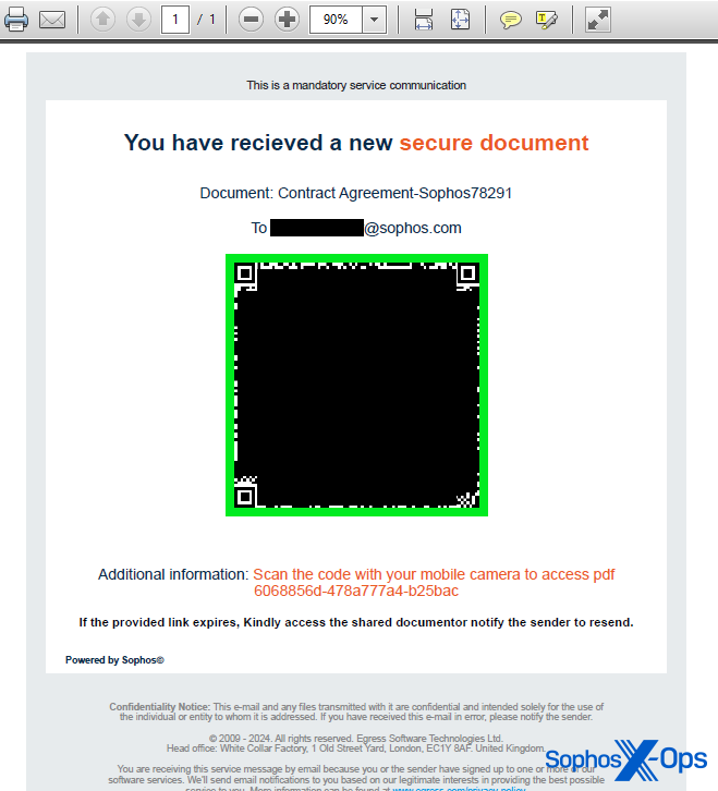 A Sophos employee received this quishing PDF in September 2024. It references their email address and says "This is a mandatory service communication" at the top, and uses odd grammar elsewhere