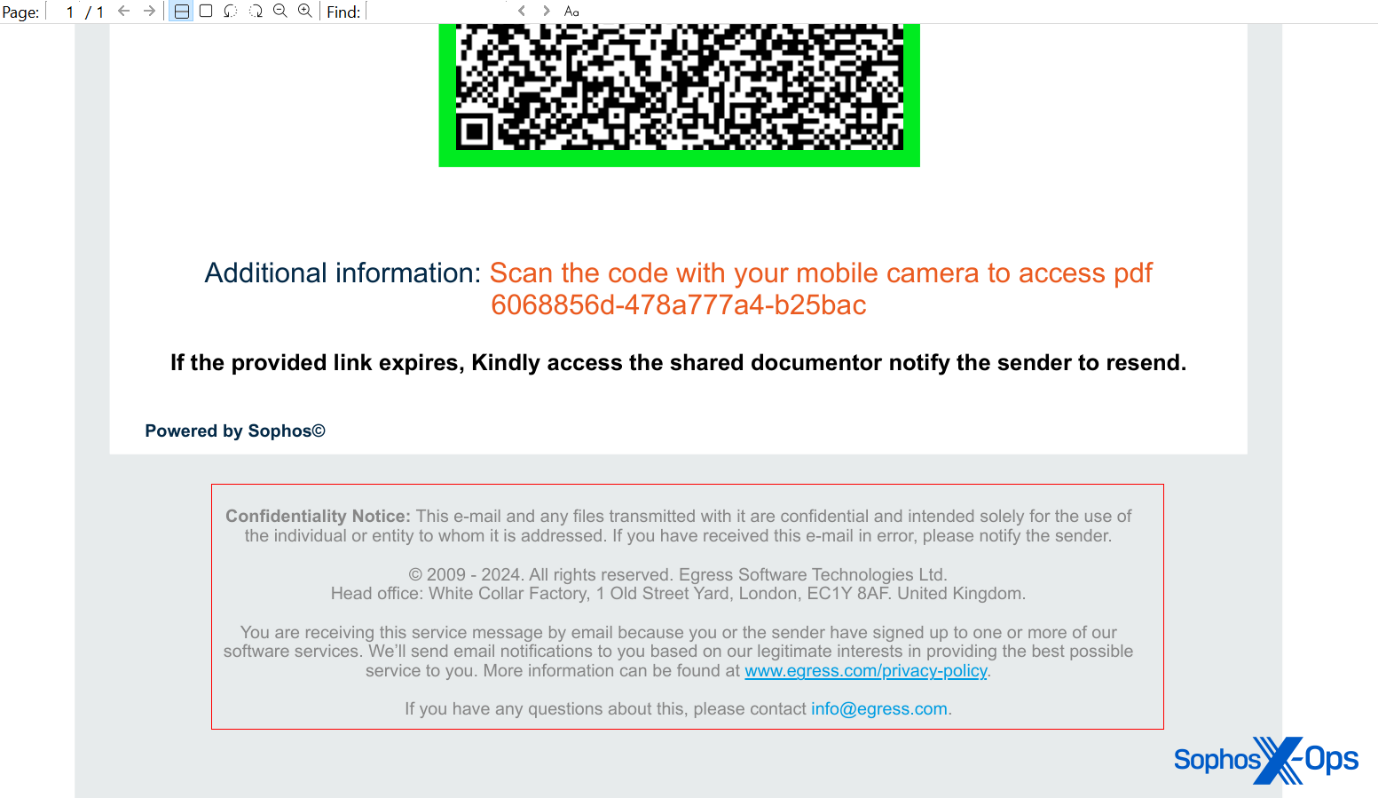 A quishing document that uses legal language that implies it originated from a company that does anti-phishing training, and was "Powered by Sophos(c)"