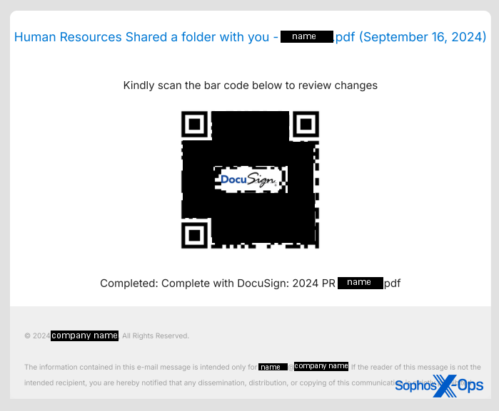 A quishing PDF that had the target's email username embedded into the document, as well as the name of the company where they worked and their full email address in the footer text, and a Docusign logo in the center of the QR code
